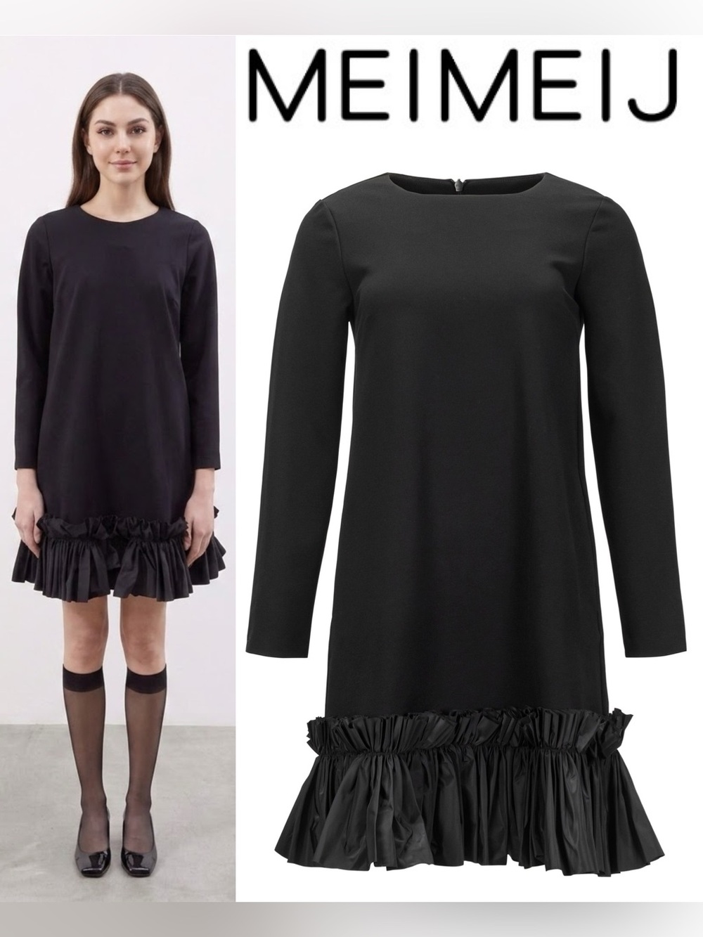 MEIMEIJ Tess Italy Black Taffeta Ruffle Shift Mini Dress XS 0 36 Goth Whimsygoth